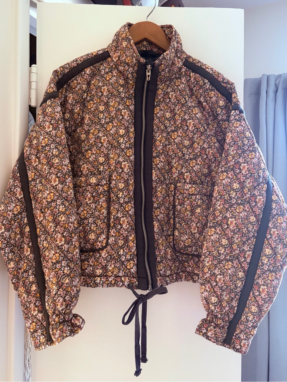 Blank NYC Brown & Pink Floral Quilted Drawstring Puffer Jacket